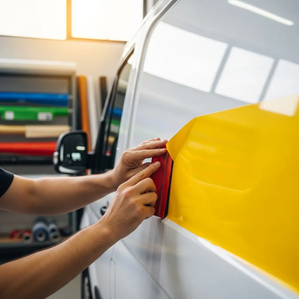 Artisan appliquant du vinyle dans l'atelier près de Clermont-Ferrand